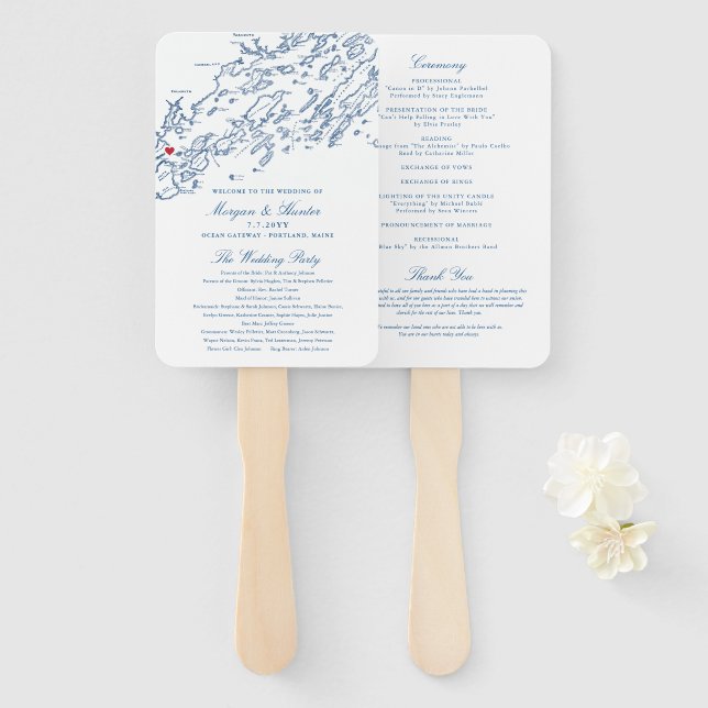 Portland Casco Bay Map Wedding Program Elegant Hand Fan (Front and Back)