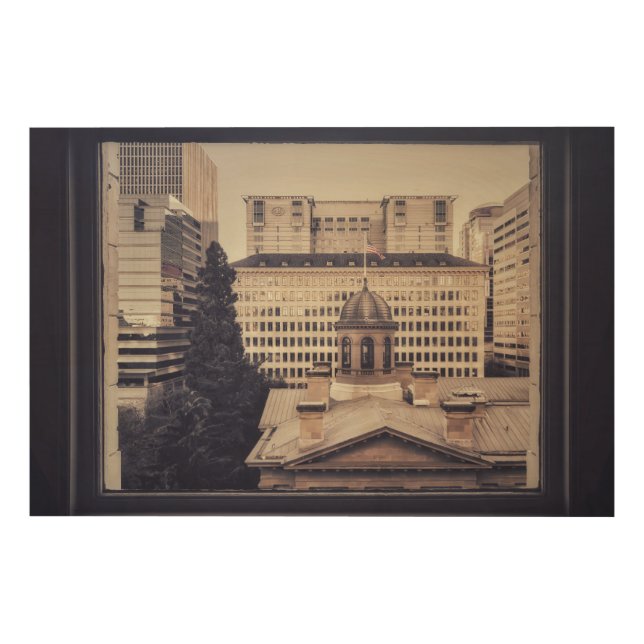 Portland Cityscape Through Window Frame  Wood Wall Art (Front)