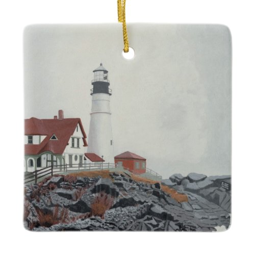 Portland Head Light in Fog Ceramic Ornament