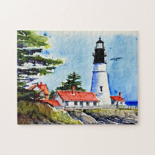 Portland Head Light Maine Watercolor Jigsaw Puzzle