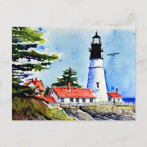 Portland Head Light Maine Watercolor  Postcard
