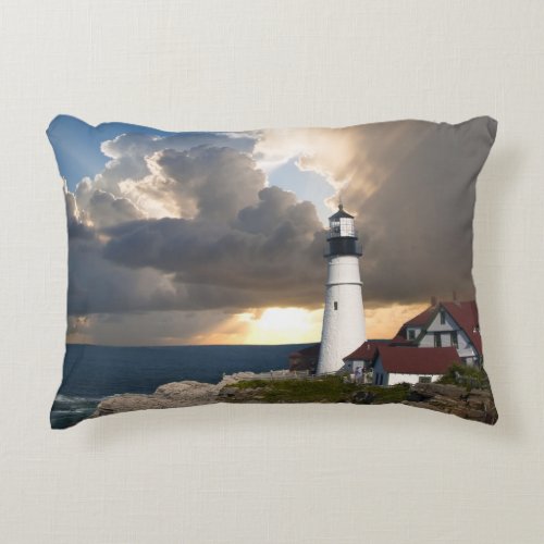 Portland Head Lighthouse Maine at Sunset Accent Pillow