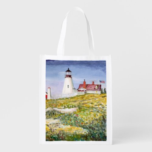 Portland Head Lighthouse Maine Watercolor Painting Grocery Bag