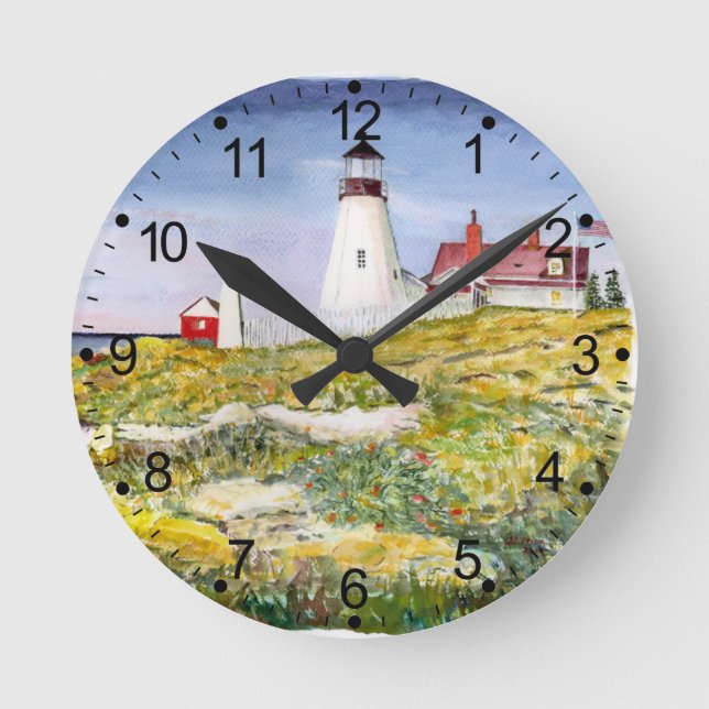 Portland Head Lighthouse Maine Watercolor Painting Round Clock (Front)