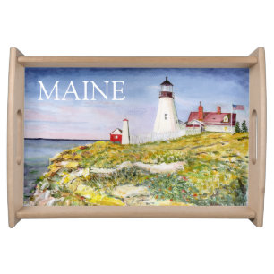 Portland Head Lighthouse Maine Watercolor Painting Serving Tray