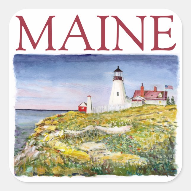 Portland Head Lighthouse Maine Watercolor Painting Square Sticker (Front)