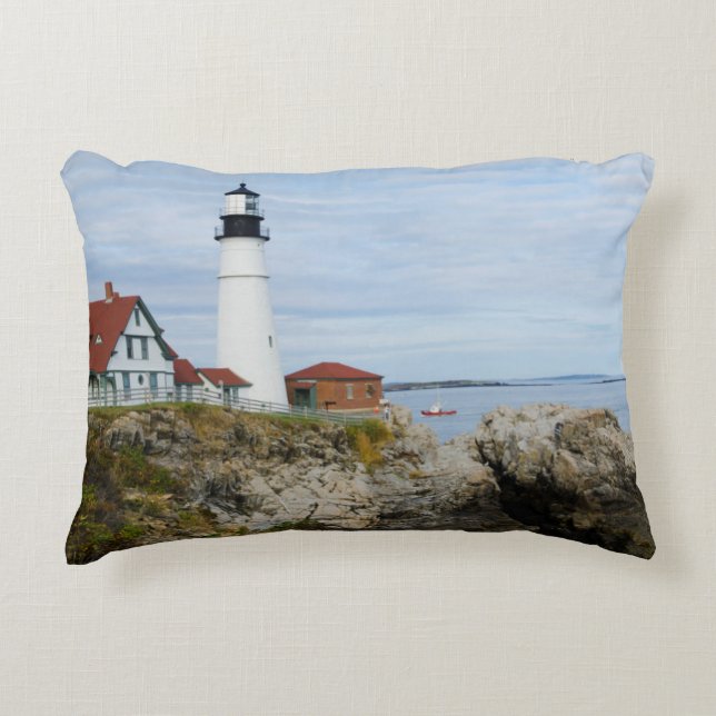 Portland Headlight lighthouse on rocky shore Accent Pillow (Front)