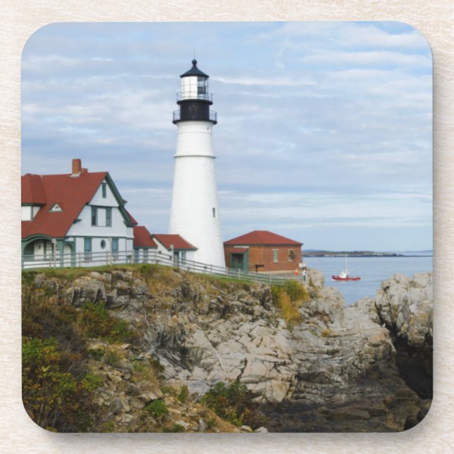 Portland Headlight lighthouse on rocky shore Beverage Coaster (Front)