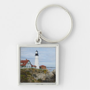 Portland Headlight lighthouse on rocky shore Keychain