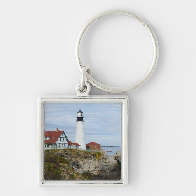 Portland Headlight lighthouse on rocky shore Keychain (Front)