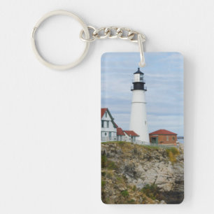 Portland Headlight lighthouse on rocky shore Keychain