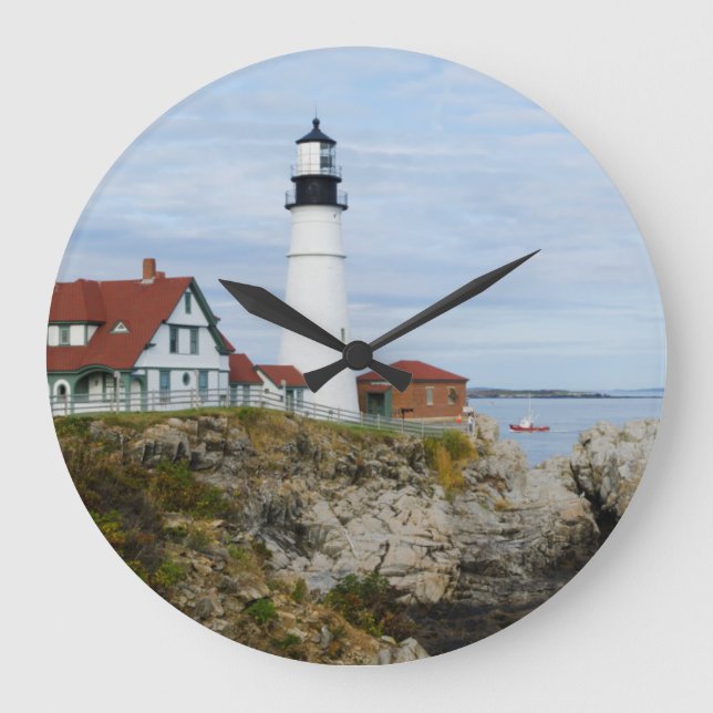 Portland Headlight lighthouse on rocky shore Large Clock (Front)