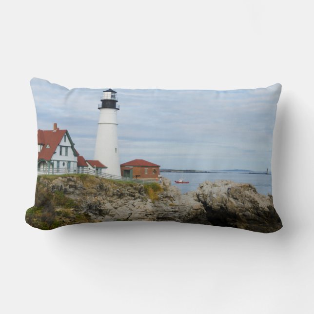 Portland Headlight lighthouse on rocky shore Lumbar Pillow (Front)