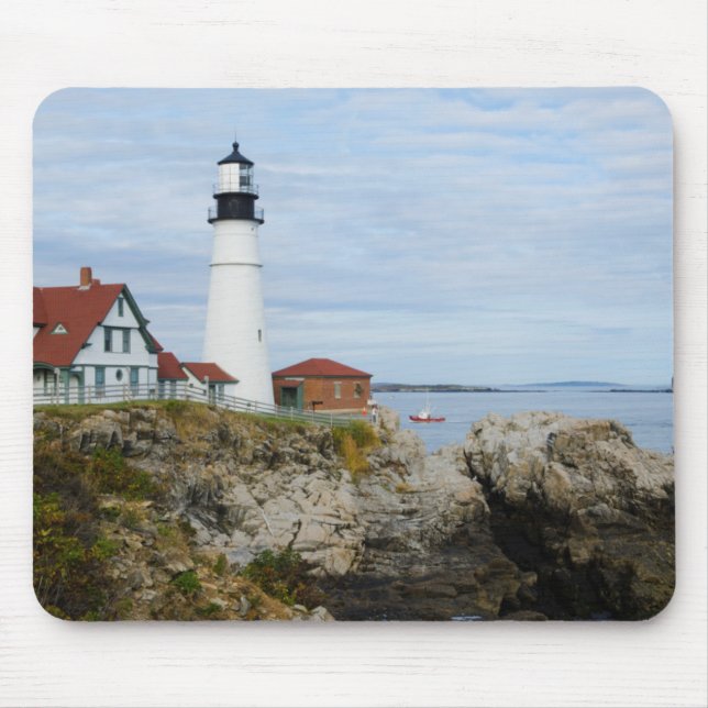 Portland Headlight lighthouse on rocky shore Mouse Pad (Front)