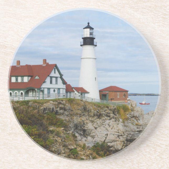 Portland Headlight lighthouse on rocky shore Sandstone Coaster (Front)