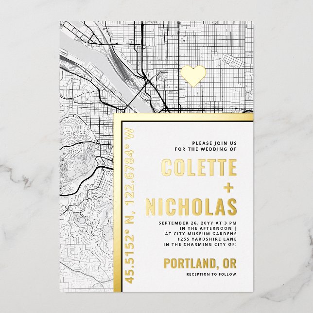 Portland Love Locator | City Themed Wedding Foil Invitation (Front)