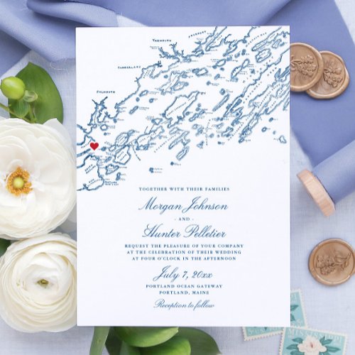 Portland Maine Casco Bay Elegant Navy Map Wedding Invitation