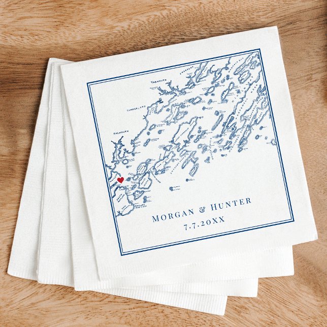 Portland Maine Casco Bay Map Navy Elegant Wedding Napkins (Casco Bay Map Napkins personalized for a wedding in Portland Maine in elegant navy blue)