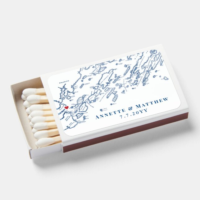 Portland Maine Casco Bay Navy Elegant Wedding Matchboxes (Front Open)