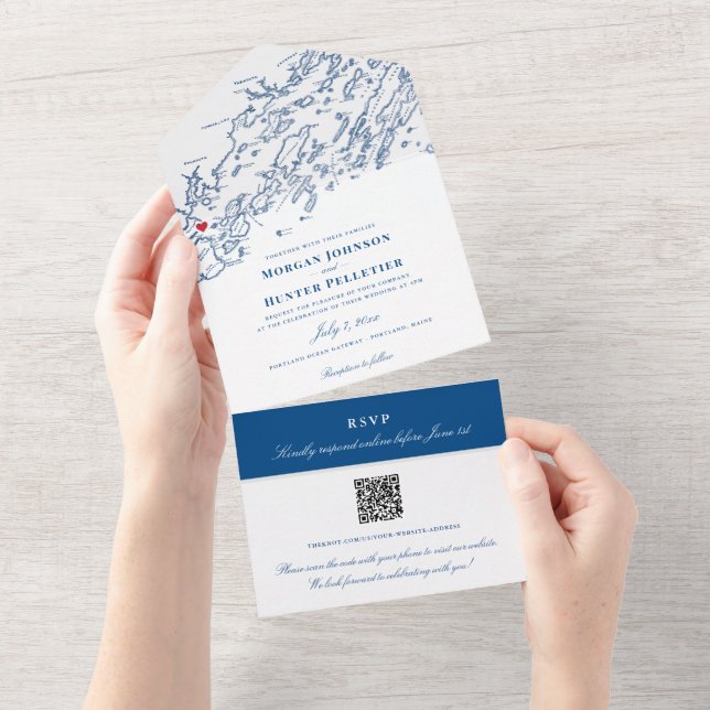 Portland Maine Elegant Navy QR Budget Wedding All In One Invitation (Tearaway)