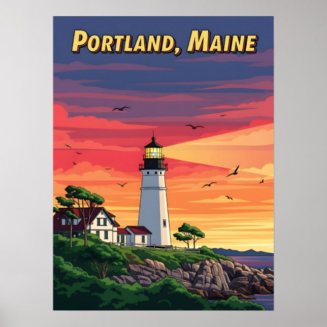 Portland Maine lighthouse at sunset  Poster (Front)