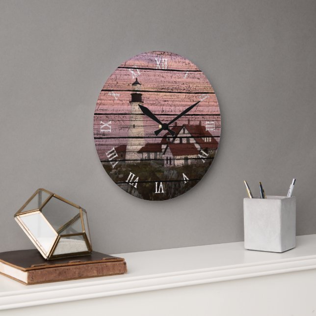 Portland Maine Lighthouse Watercolor Art Large Clock (Office)