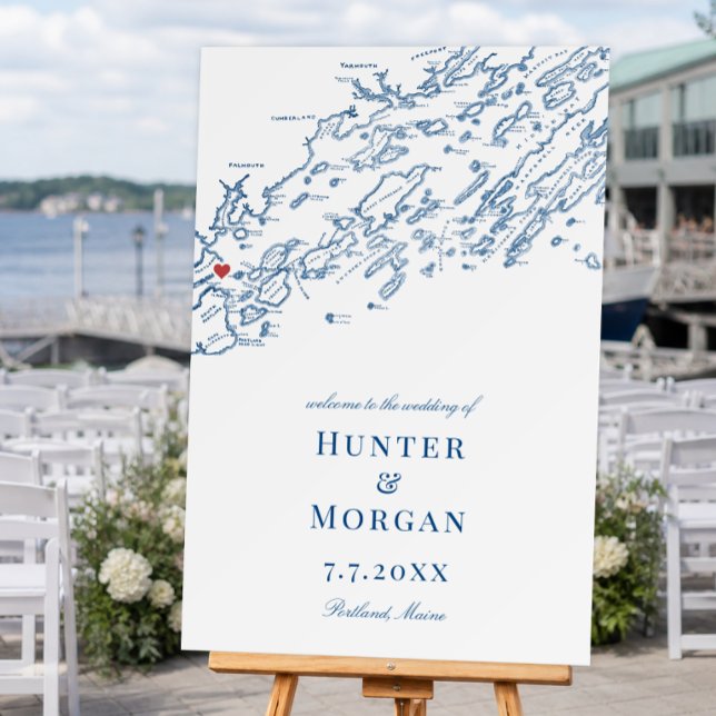 Portland Maine Map Navy Wedding Welcome Sign (Ocean Gateway Portland Wedding Welcome Sign Casco Bay by Coastal Map Designs)