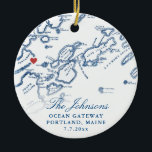 Portland Maine Map Newlywed Keepsake Christmas  Ceramic Ornament<br><div class="desc">Celebrate their love with a personalized wedding keepsake Christmas ornament, featuring a refined navy blue map of Casco Bay in Portland, Maine. This elegant ornament highlights iconic venues like Ocean Gateway, Brick South, The Portland Company Complex, DeMillo's, and Portland Schooner Co., capturing the coastal charm of their special day. With...</div>