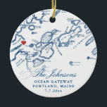 Portland Maine Map Newlywed Keepsake Christmas  Ceramic Ornament<br><div class="desc">Celebrate their love with a personalized wedding keepsake Christmas ornament, featuring a refined navy blue map of Casco Bay in Portland, Maine. This elegant ornament highlights iconic venues like Ocean Gateway, Brick South, The Portland Company Complex, DeMillo's, and Portland Schooner Co., capturing the coastal charm of their special day. With...</div>