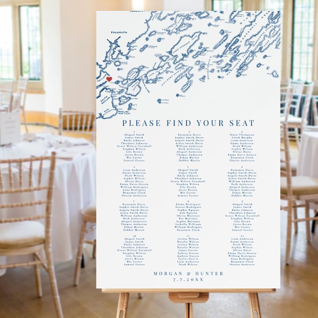 Portland Maine Map Wedding Seating Chart Foam Board (This Casco Bay map seating chart is perfect for your Portland, Maine wedding reception)