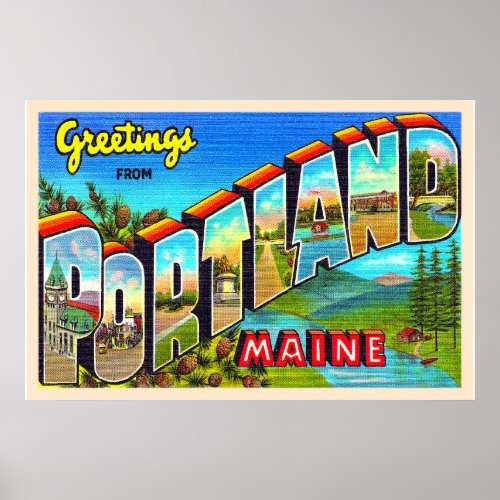 Portland Maine ME Vintage Large Letter Postcard Poster