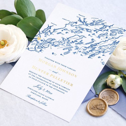 Portland Maine Wedding Elegant Navy and Gold Foil Invitation