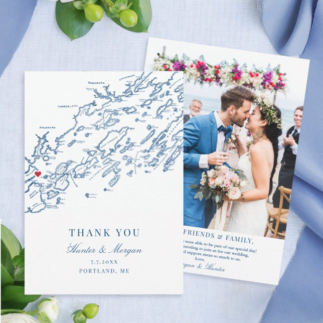 Portland Maine Wedding Flat Thank You Card (These Portland Maine map thank you notes feature your wedding photo and personalized message)