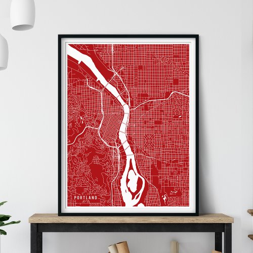 Portland Map Abstract Red City Map Poster