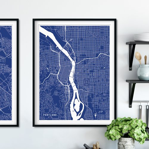 Portland Map Navy Blue Minimalist City Map Poster