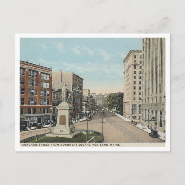 Portland ME, Congress St, Monument Square 1920s Postcard (Front)