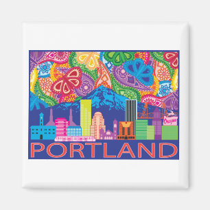 Portland OR and Mt. Hood colorful abstract drawing Magnet