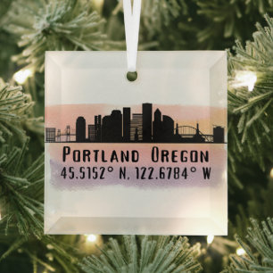 Portland OR City Skyline Latitude and Longitude Glass Ornament