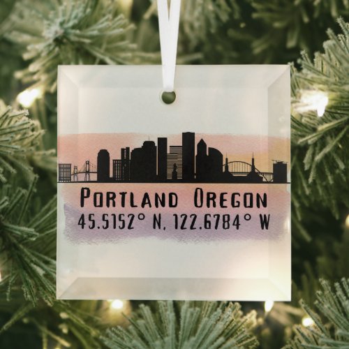 Portland OR City Skyline Latitude and Longitude  Glass Ornament