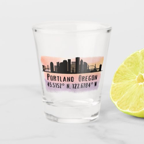 Portland OR City Skyline Latitude and Longitude   Shot Glass