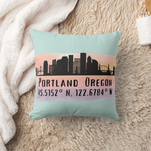Portland OR City Skyline Latitude and Longitude  Throw Pillow