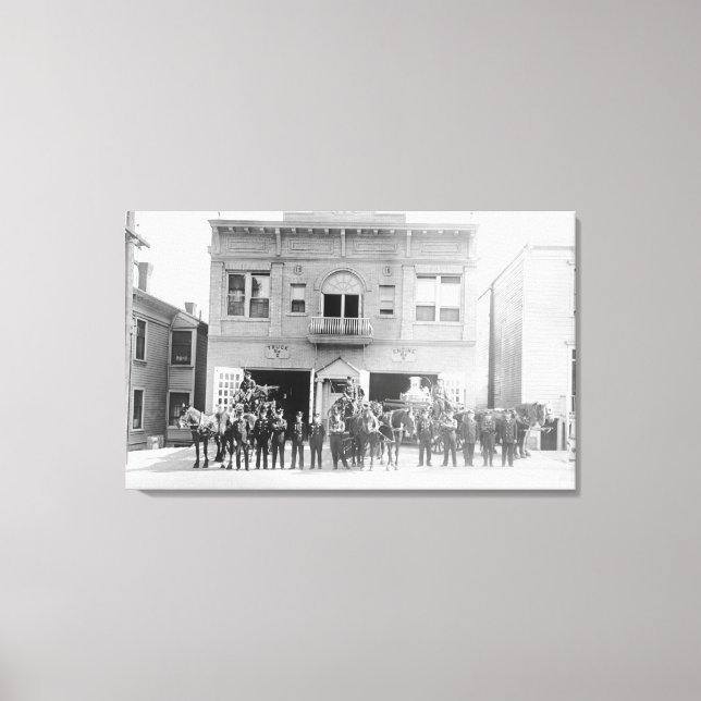 Portland, OR Fire Station Horse Drawn and Men Canvas Print (Front)