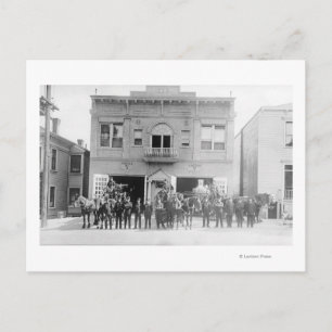 Portland, OR Fire Station Horse Drawn and Men Postcard