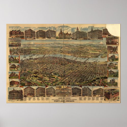 Portland Oregon 1890 Antique Panoramic Map Poster