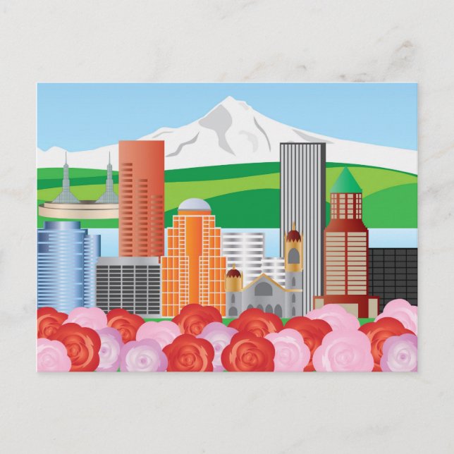 Portland Oregon Cityscape with Mount Hood and Rose Postcard (Front)