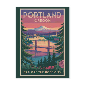 Portland Oregon Mount Hood Travel Art Vintage Postcard