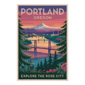 Portland Oregon Mount Hood Travel Art Vintage Poster