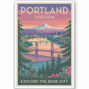 Portland Oregon Mount Hood Travel Art Vintage Sticker
