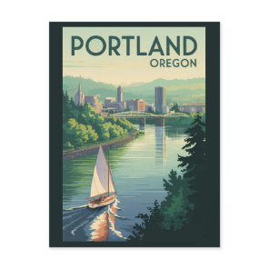 Portland Oregon Skyline Travel Art Vintage Postcard