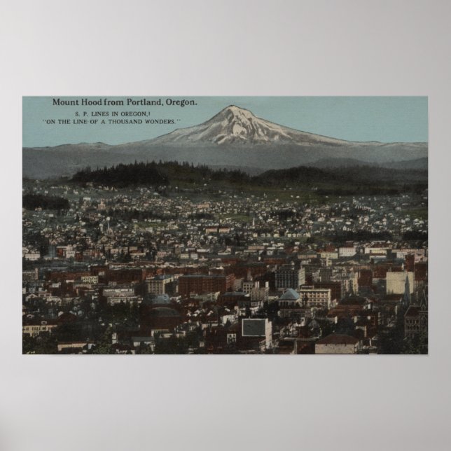 Portland, Oregon - View of Downtown with Mt Poster (Front)